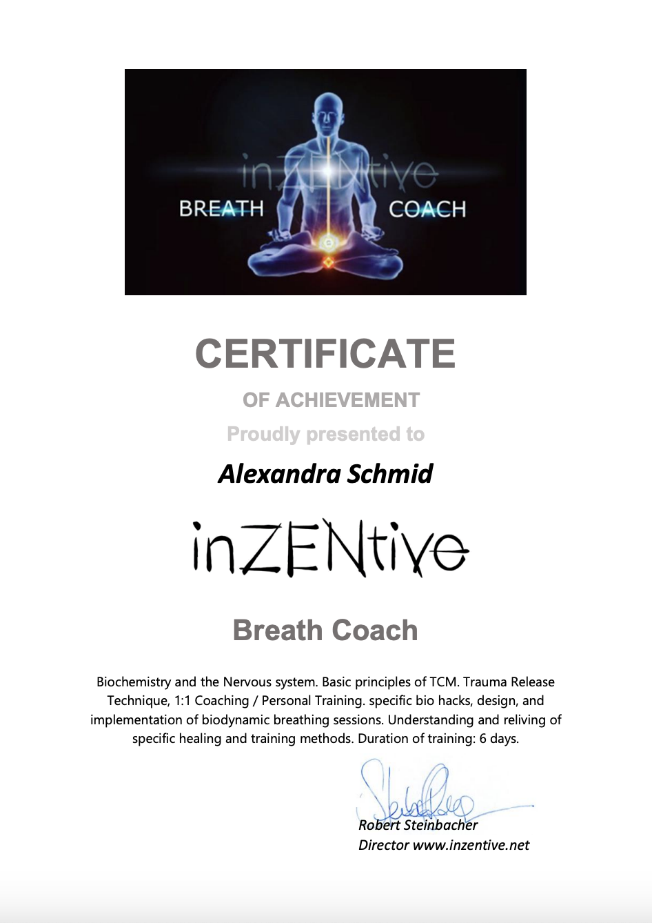 inZENTive Breath Coach Zertifikat – Alexandra Schmid Zertifikat über die abgeschlossene Ausbildung zum inZENTive Breath Coach von Alexandra Schmid bei Tatendrang Training in Ulm